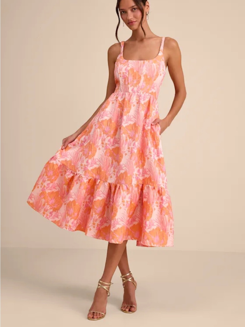 Sleeveless Pink & Orange Printed Midi Dress